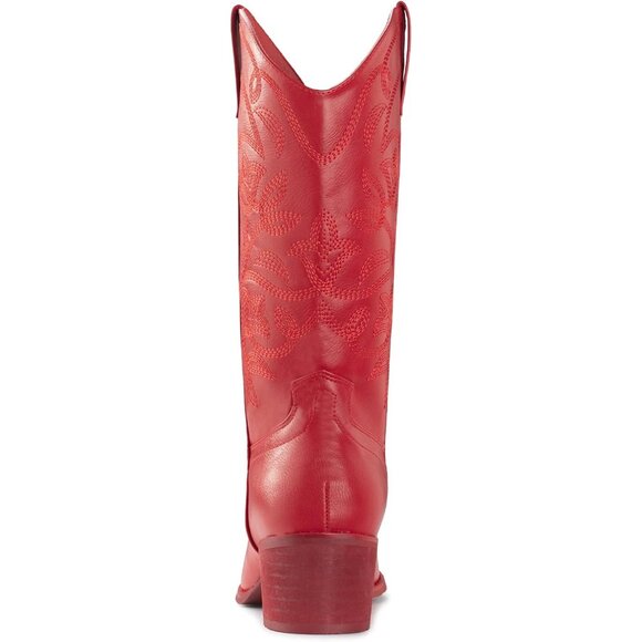 Women's Red Pointy Toe Faux Leather Western Cowgirl Mid Calf Boots - Picture 3 of 7